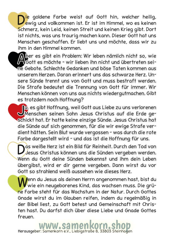 Verteilkarte zum "Wortlosen Buch", deutsch