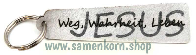 Schlüsselanhänger "Lederband", mit Text "Jesus - Weg, Wahrheit, Leben"