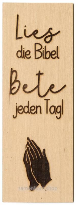 Lesezeichen aus Holz "Lies die Bibel..." betende Hände